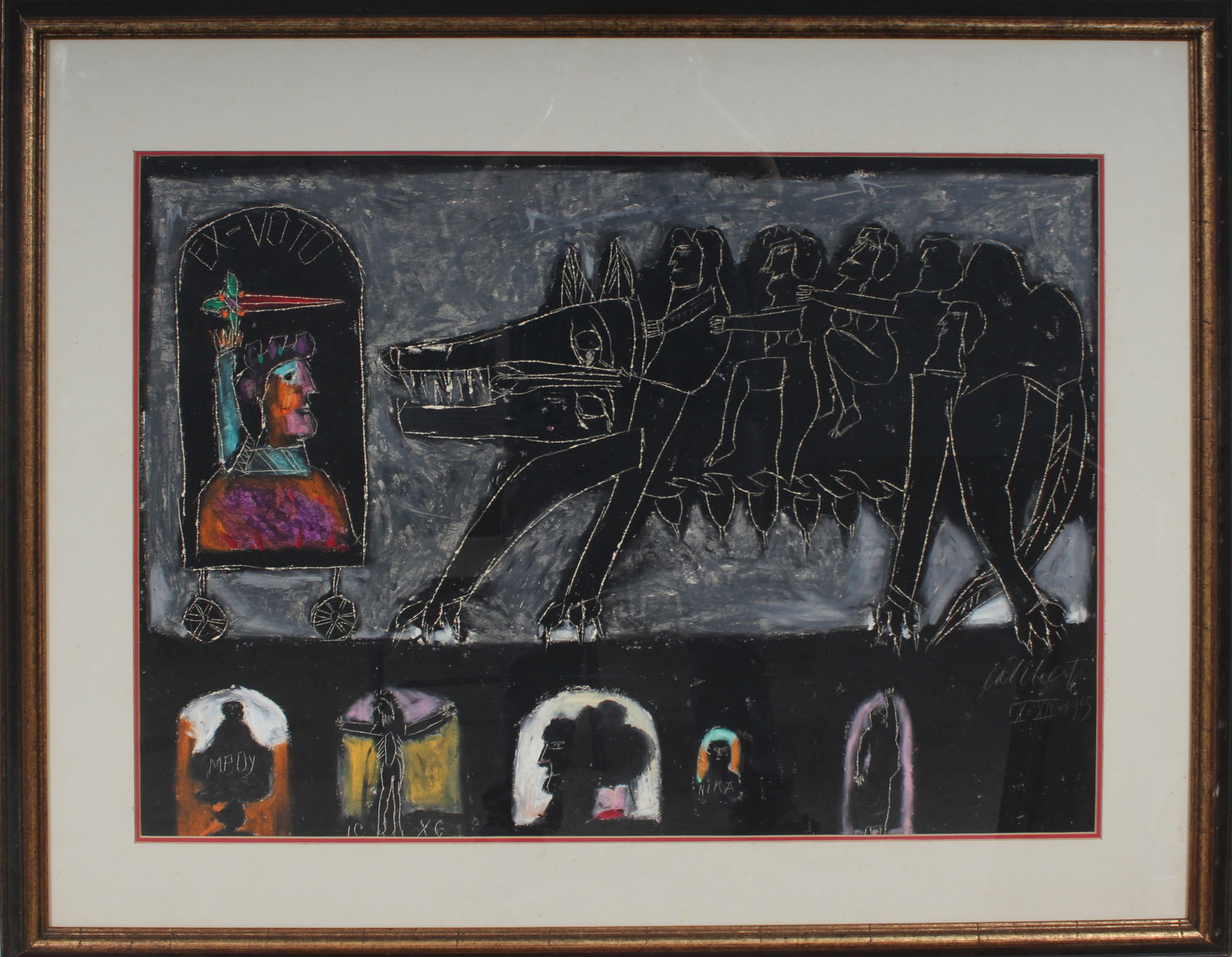 Norman Laliberte (1925-2021) Vintage American Surreal Outsider Figural Abstract Framed Painting: Vintage American mixed media painting. Measuring: 32 by 38 inches overall. Domestic flat rate shipping with Fedex is set to $250 for this lot. Please see all images for condition (additional photos an
