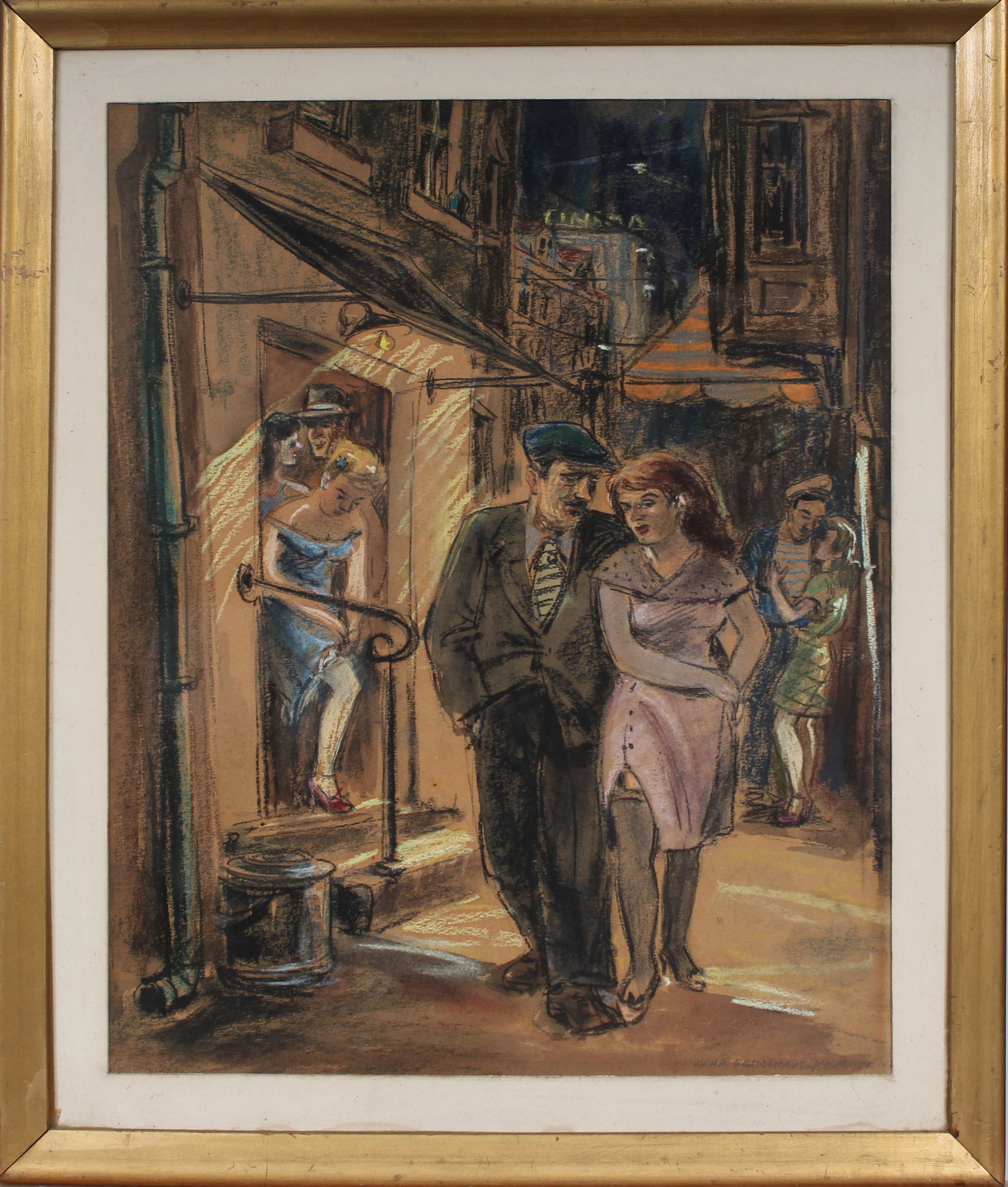 Antique American Ashcan School "Lucky Leaving the Bar" Framed Modernist Street Scene Painting: Antique American street scene painting. Signed. Measuring: 19 by 23 inches overall. Domestic flat rate shipping with Fedex is set to $100 for this lot. Please see all images for condition (additional 