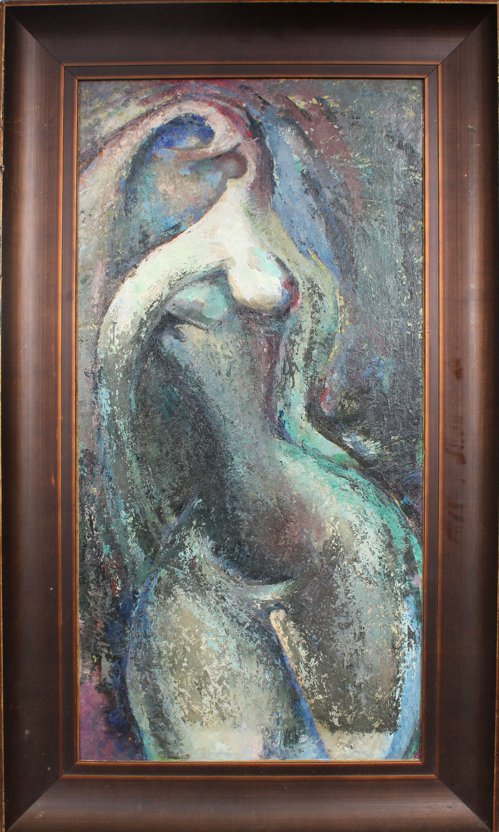 Vintage American Modernist Abstract Nude Woman Cubist Framed Oil Painting: Vintage American cubist nude oil painting. Framed. Measuring: 38 by 22 inches overall. Domestic flat rate shipping with Fedex is set to $225 for this lot. Please see all images for condition (addition