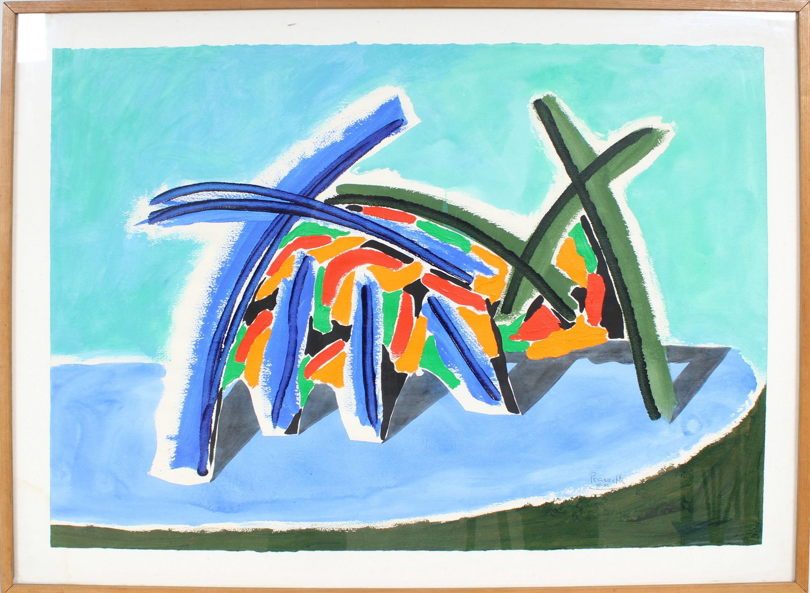 Signed Vintage American Modernist Abstract Framed Painting: Vintage American abstract painting. Measuring: 26.5 by 34.5 inches overall. Domestic flat rate shipping with Fedex is set to $175 for this lot. Please see all images for condition (additional photos a