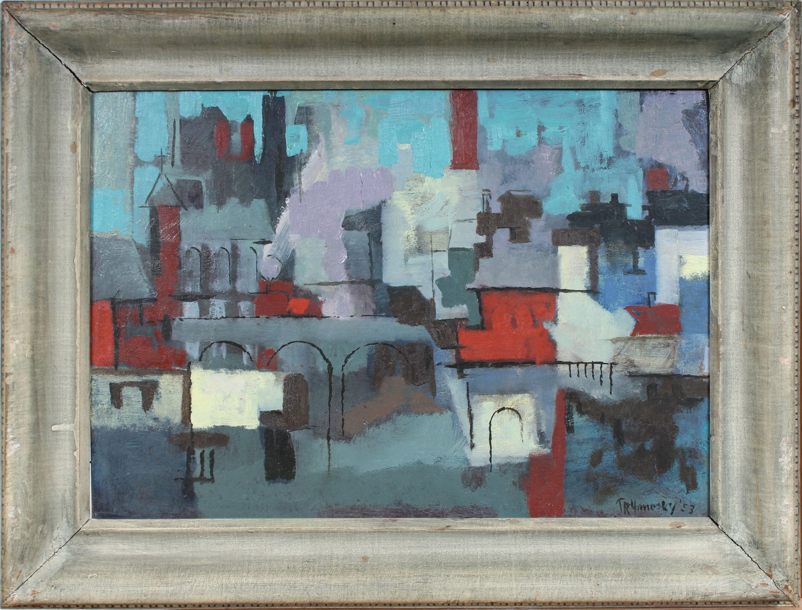 Thomas Yanoksy Vintage American School Signed Modernist Cityscape Nicely Framed Oil Painting: Vintage American cityscape oil painting. Measuring: 16.5 by 21.5 inches overall. Domestic flat rate shipping with Fedex is set to $100 for this lot. Please see all images for condition (additional pho