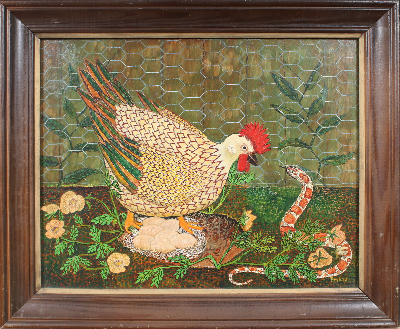 Gertrude Rogers Vintage American Folk Art Chicken Portrait Framed Farm Landscape Oil Painting: Vintage American folk art oil painting. Measuring: 20 by 24 inches overall. Domestic flat rate shipping with Fedex is set to $100 for this lot. Please see all images for condition (additional photos a