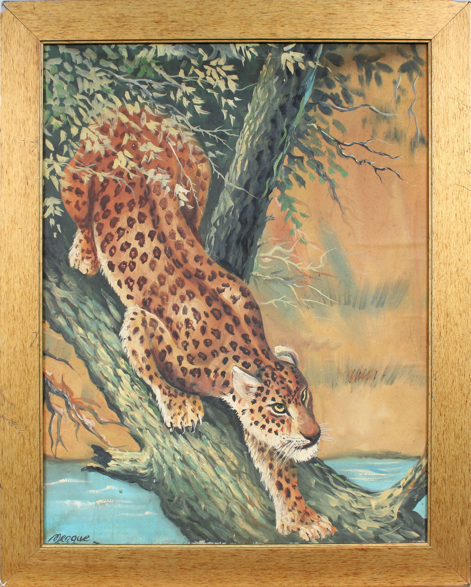 Vintage American School Signed Cheetah Exotic Animal Portrait Framed Original Painting (1 of 7)
