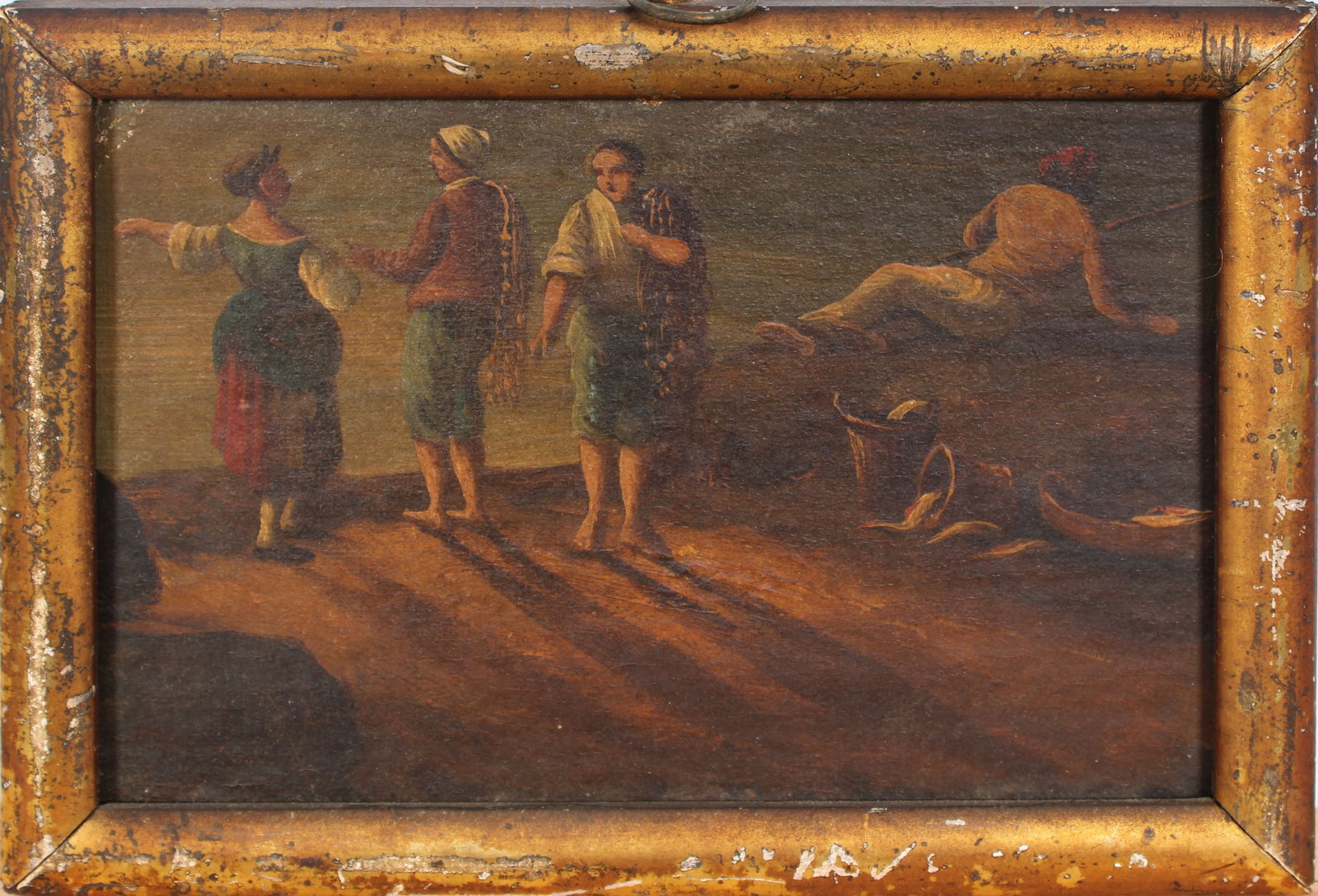 Antique European Old Master Group Portrait Framed Landscape Oil Painting: Antique European landscape oil painting. Measuring: 5.5 by 7.5 inches overall. Domestic flat rate shipping with Fedex is set to $50 for this lot. Please see all images for condition (additional photos