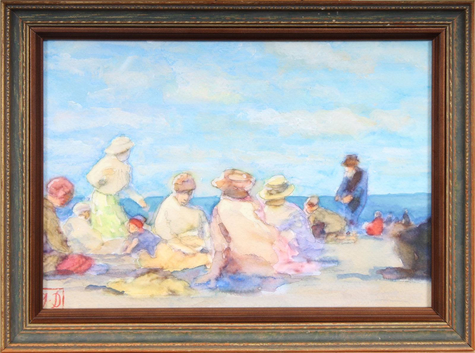 Vintage American School Monogrammed Summer Impressionist Framed Beach Scene Painting: Vintage American impressionist beach scene painting. Measuring: 10 by 13 inches overall. Domestic flat rate shipping with Fedex is set to $75 for this lot. Please see all images for condition (additio