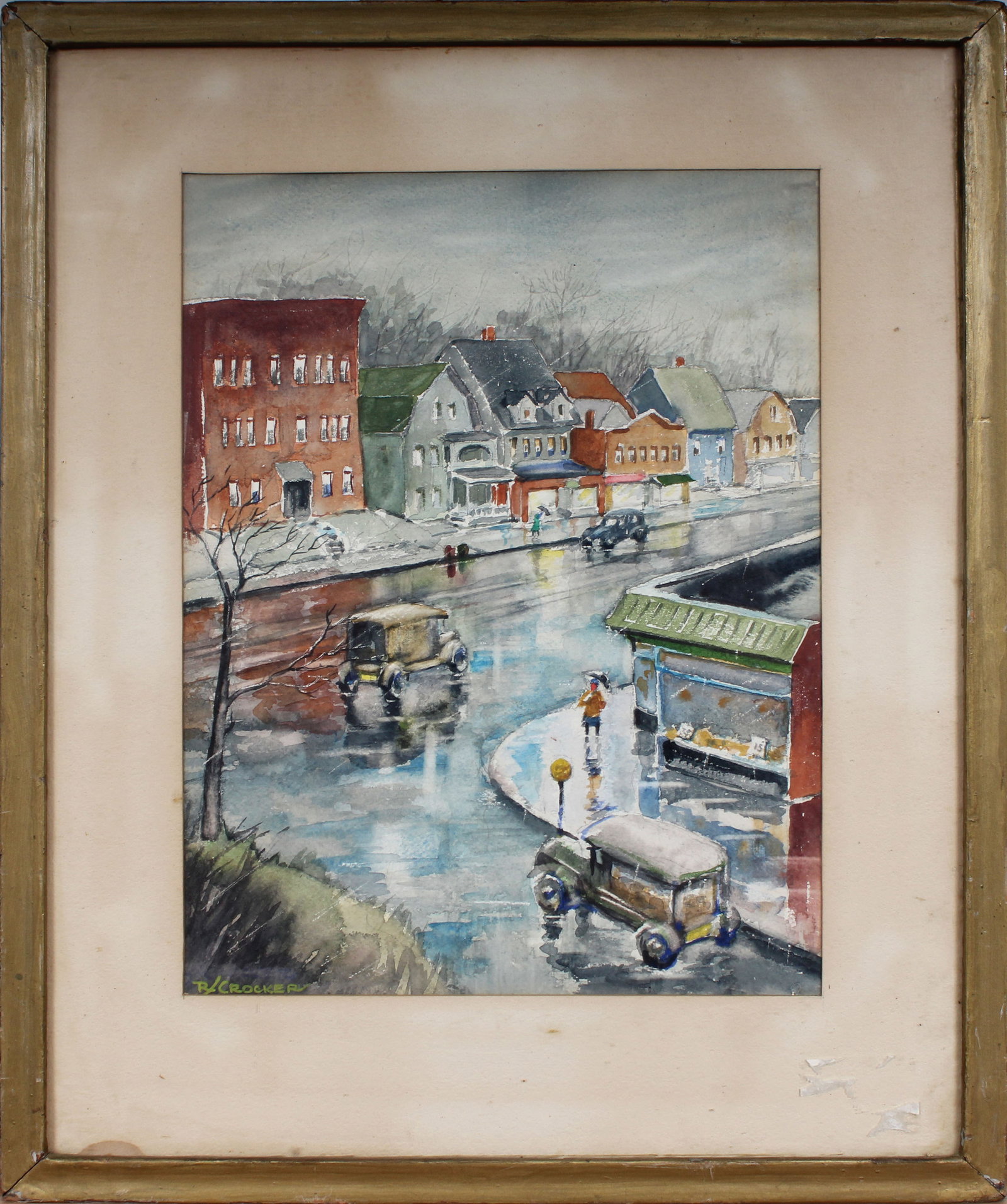 Vintage American School Modernist Rainy Ashcan School New England Street Scene Signed Painting: Vintage American street scene oil painting. Measuring: 22 by 18 inches overall. Domestic flat rate shipping with Fedex is set to $100 for this lot. Please see all images for condition (additional phot