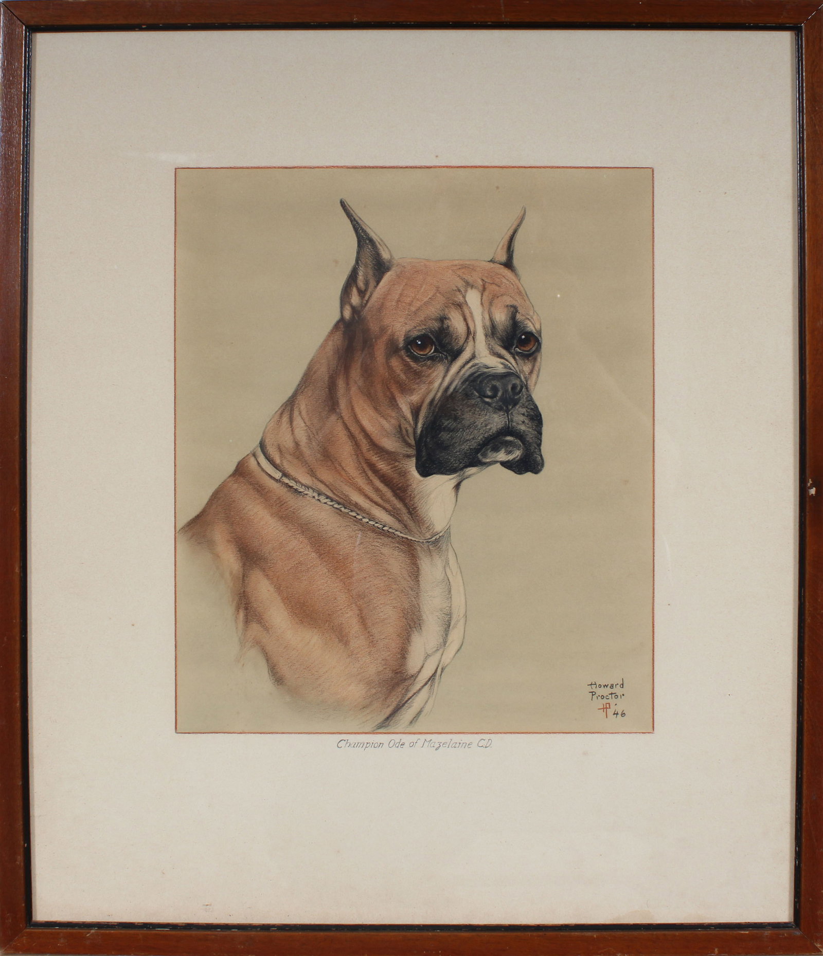 Howard Proctor Signed Vintage American Realist Dog Portrait Framed Painting: Vintage American painting. Measuring: 19.5 by 23 inches overall. Domestic flat rate shipping with Fedex is set to $100 for this lot. Please see all images for condition (additional photos and blacklig