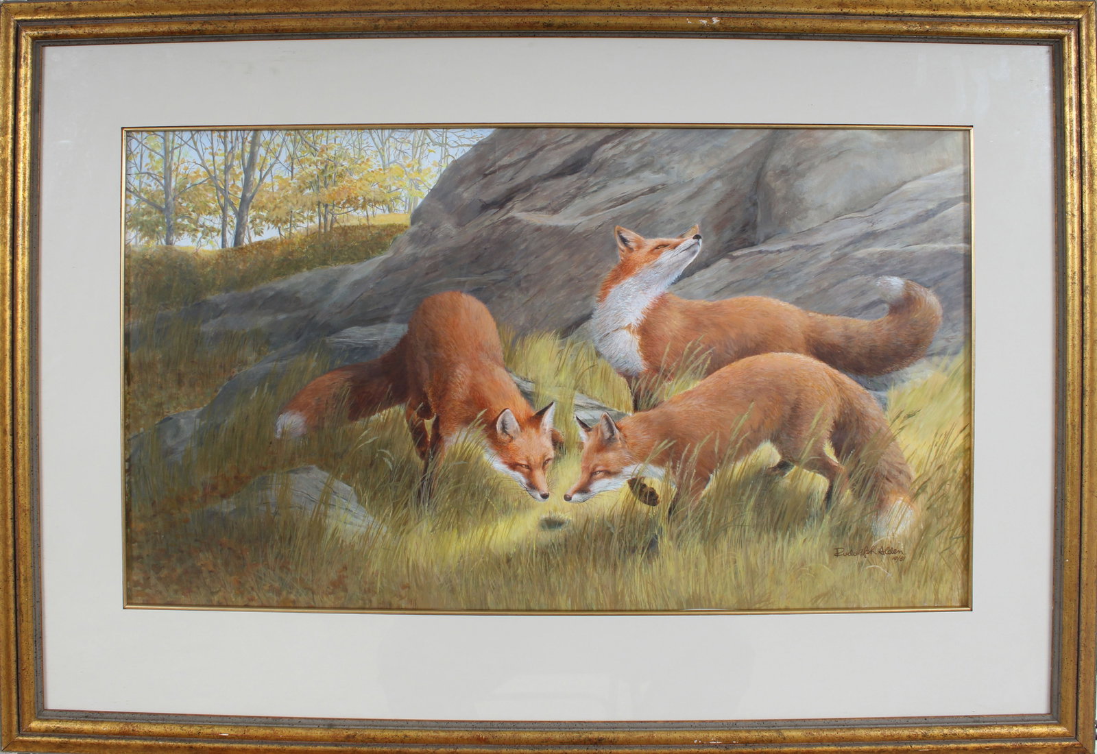 Large Rudolph Alden Signed Vintage American Realist Fox Portrait Nature Study Wildlife Painting: Vintage American realist painting. Measuring: 33.5 by 47.5 inches overall. Domestic shipping with art handler. Please see all images for condition (additional photos and blacklight images are availabl