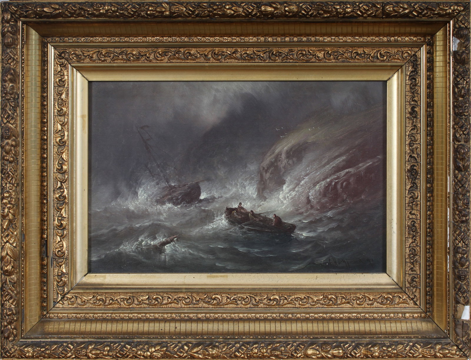Charles Henry Gifford (1839-1904) Antique American Stormy Wild Crashing Surf Seascape Oil Painting: Antique American seascape oil painting. Measuring: 14 by 18 inches overall. Domestic flat rate shipping with Fedex is set to $125 for this lot. Please see all images for condition (additional photos a