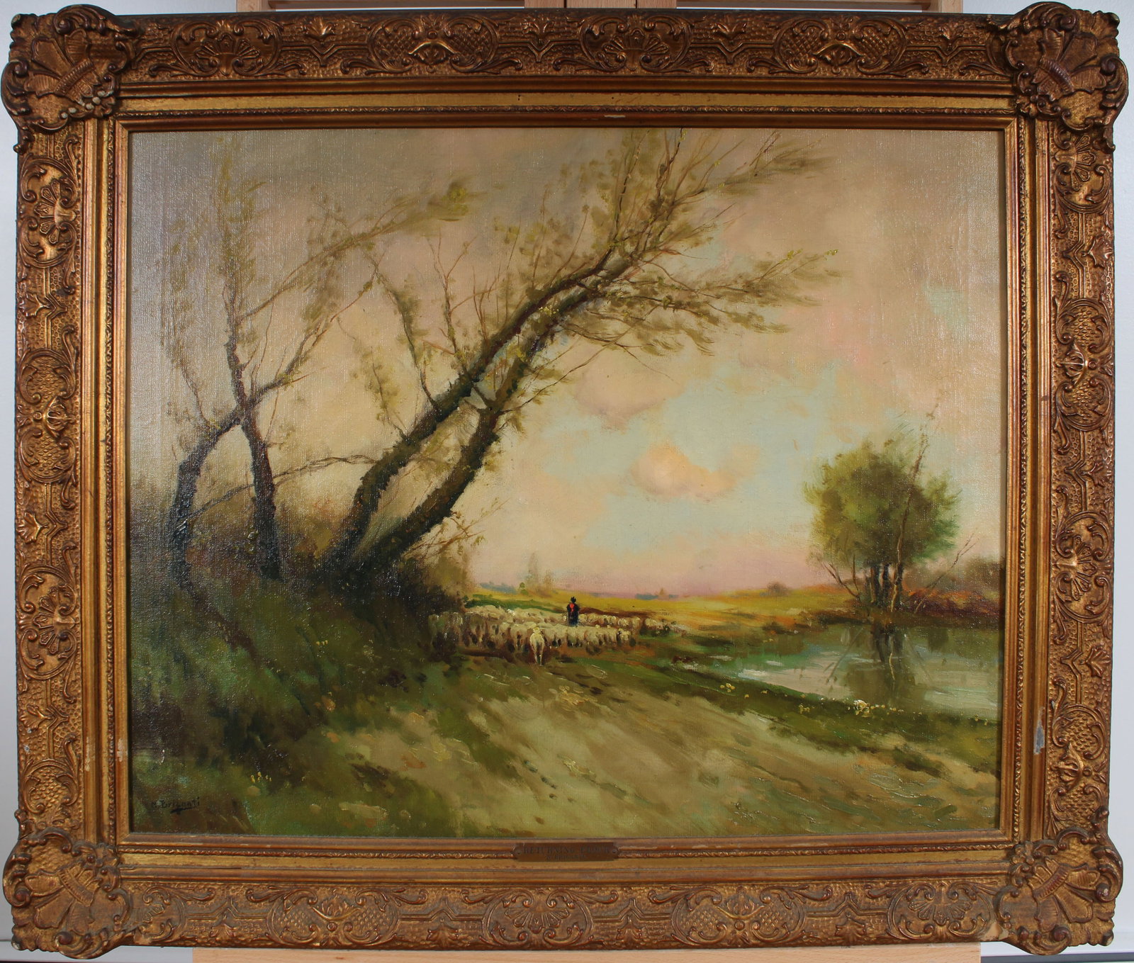 Nicholas Briganti (1861-1944) Large Antique American Impressionist Sheep Landscape Oil Painting: Antique American oil painting. Possibly an Italian scene. Measuring: 31 by 37 inches overall. Domestic flat rate shipping with Fedex is set to $325 for this lot. Please see all images for condition (a