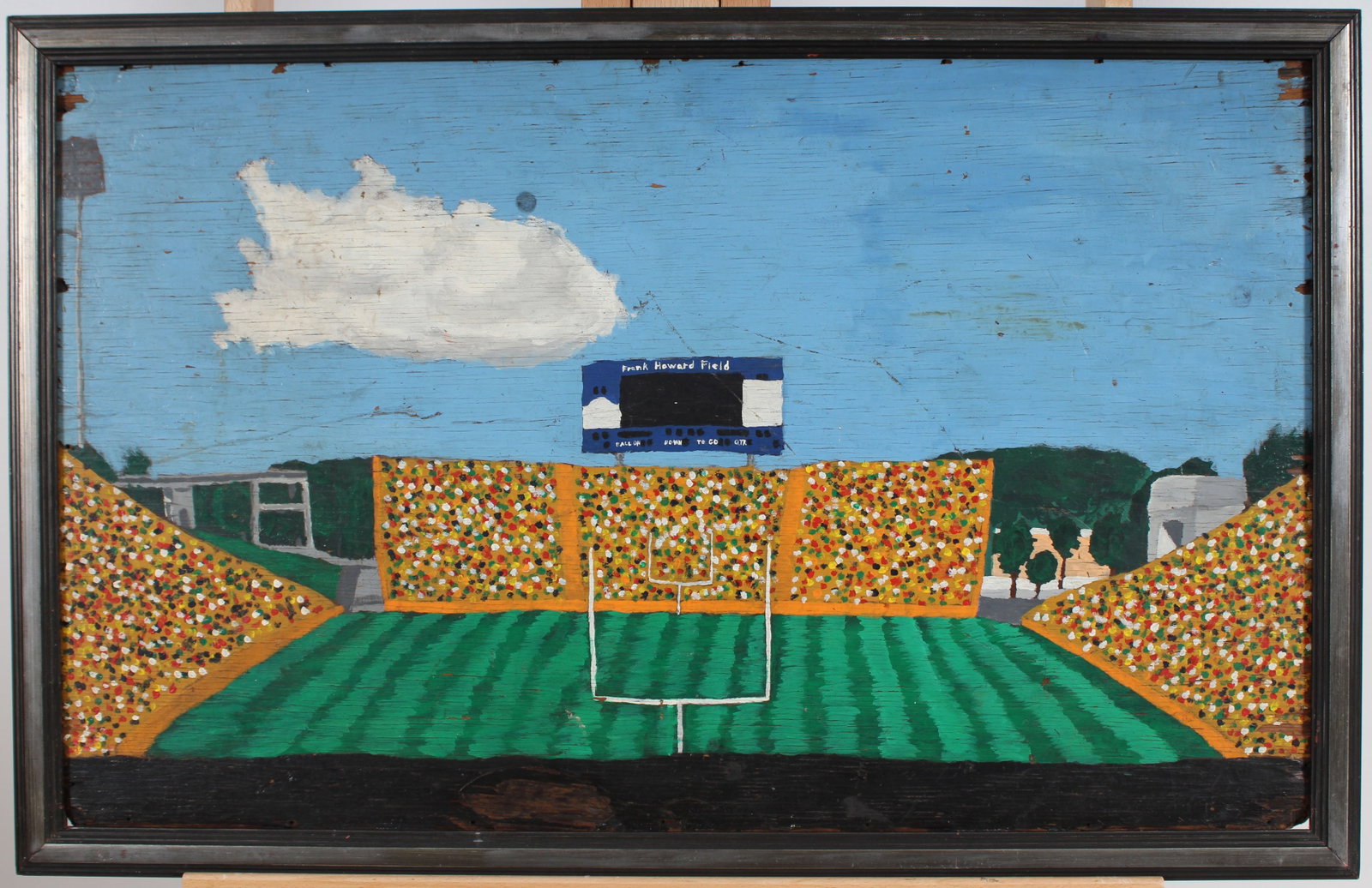 Frank Howard Field Clemson South Carolina Football Stadium Vintage American Folk Art Oil Painting: Vintage American folk art oil painting. Measuring: 23.5 by 36.5 inches overall. Domestic flat rate shipping with Fedex is set to $175 for this lot. Please see all images for condition (additional phot