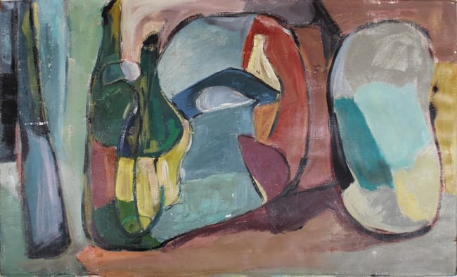 Vintage American Modernist Cubist Wine Bottle Still Life Oil Painting: Vintage American modern oil painting. Measuring: 18 by 30 inches overall. Domestic flat rate shipping with Fedex is set to $125 for this lot. Please see all images for condition (additional photos and