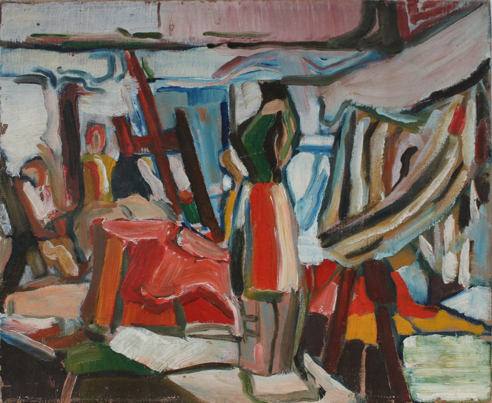 Vintage American Modernist Dress Shop Interior Scene New York School Madison Ave Oil Painting: Vintage American oil painting. Measuring: 10 by 12 inches overall. Domestic flat rate shipping with Fedex is set to $65 for this lot. Please see all images for condition (additional photos and blackli