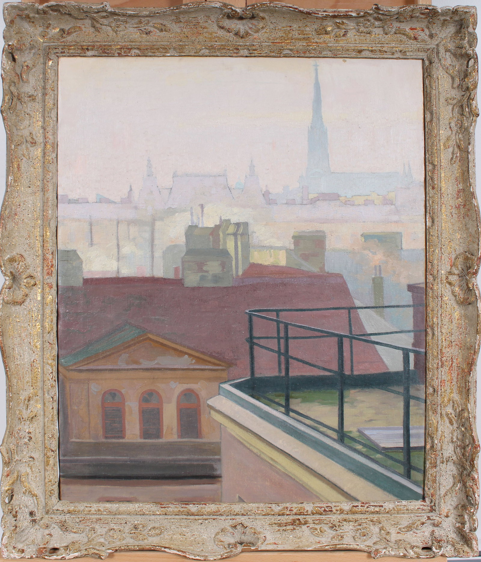 Antique American School Impressionist Rooftops Cityscape Nicely Framed Large Oil Painting: Vintage American oil painting. Measuring: 32.5 by 28 inches overall. Domestic flat rate shipping with Fedex is set to $175 for this lot. Please see all images for condition (additional photos and blac