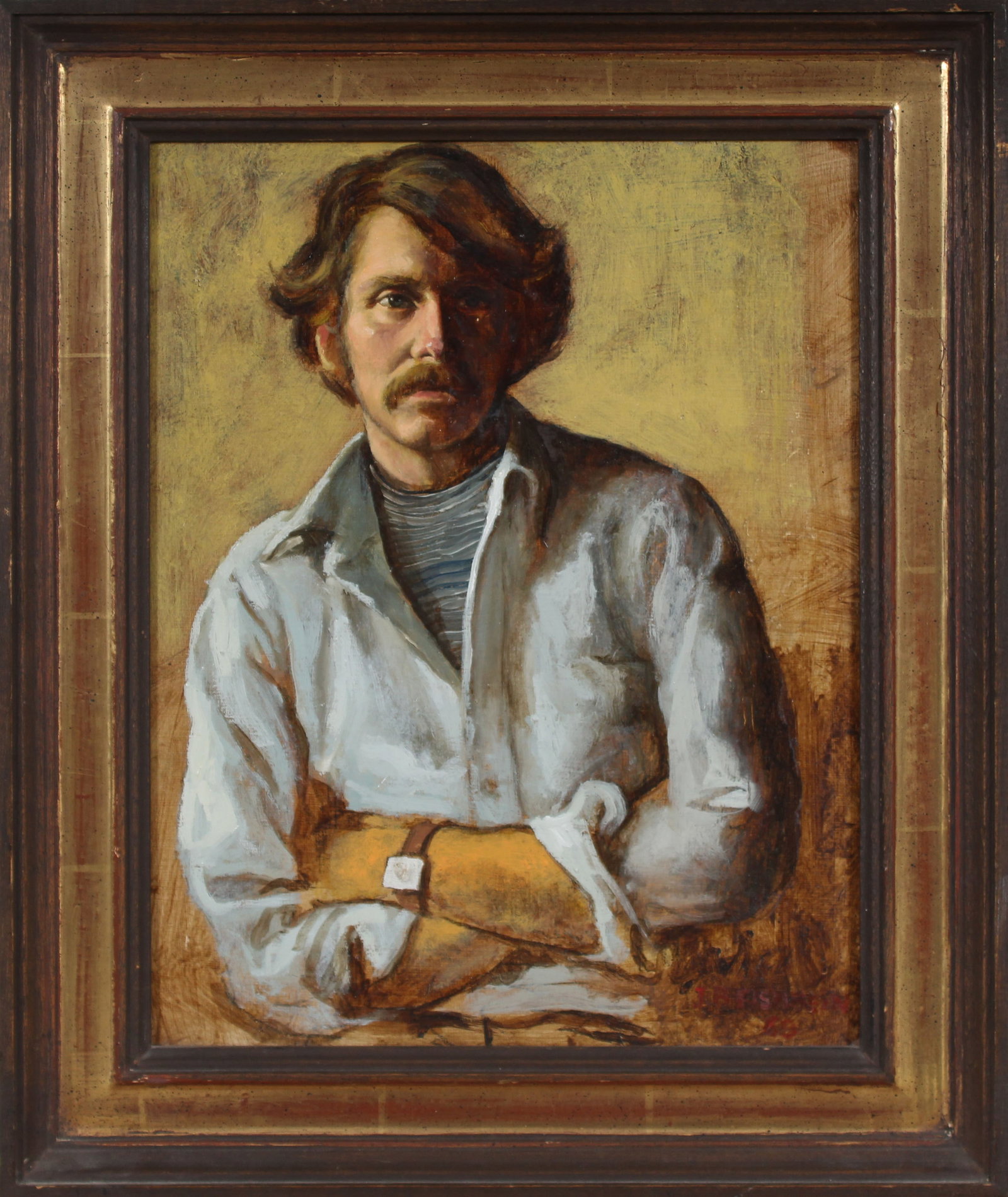 Vintage American Realist Male Portrait Framed Signed Oil Painting: Vintage American portrait oil painting. Measuring: 15 by 12 inches overall. Domestic flat rate shipping with Fedex is set to $75 for this lot. Please see all images for condition (additional photos an