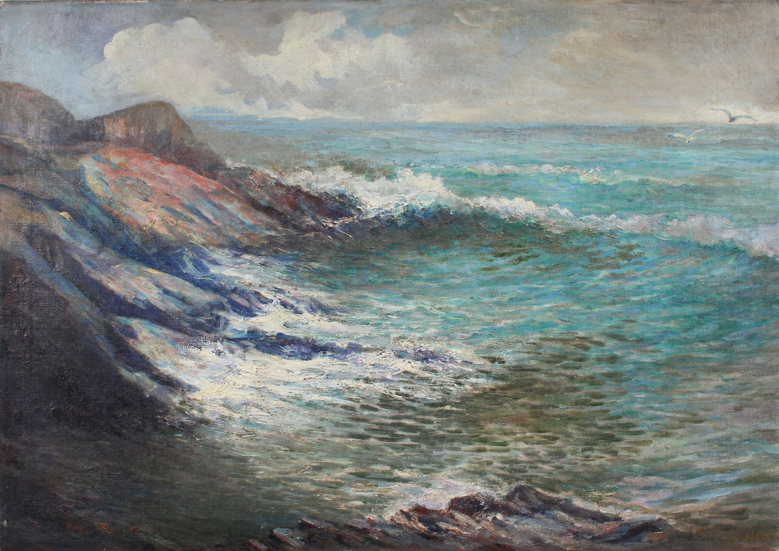 Large Antique American Impressionist Coastal Seascape Signed Crashing Summer Surf Oil Painting: Vintage American seascape oil painting. Measuring: 25 by 36 inches overall. Domestic flat rate shipping with Fedex is set to $175 for this lot. Please see all images for condition (additional photos a