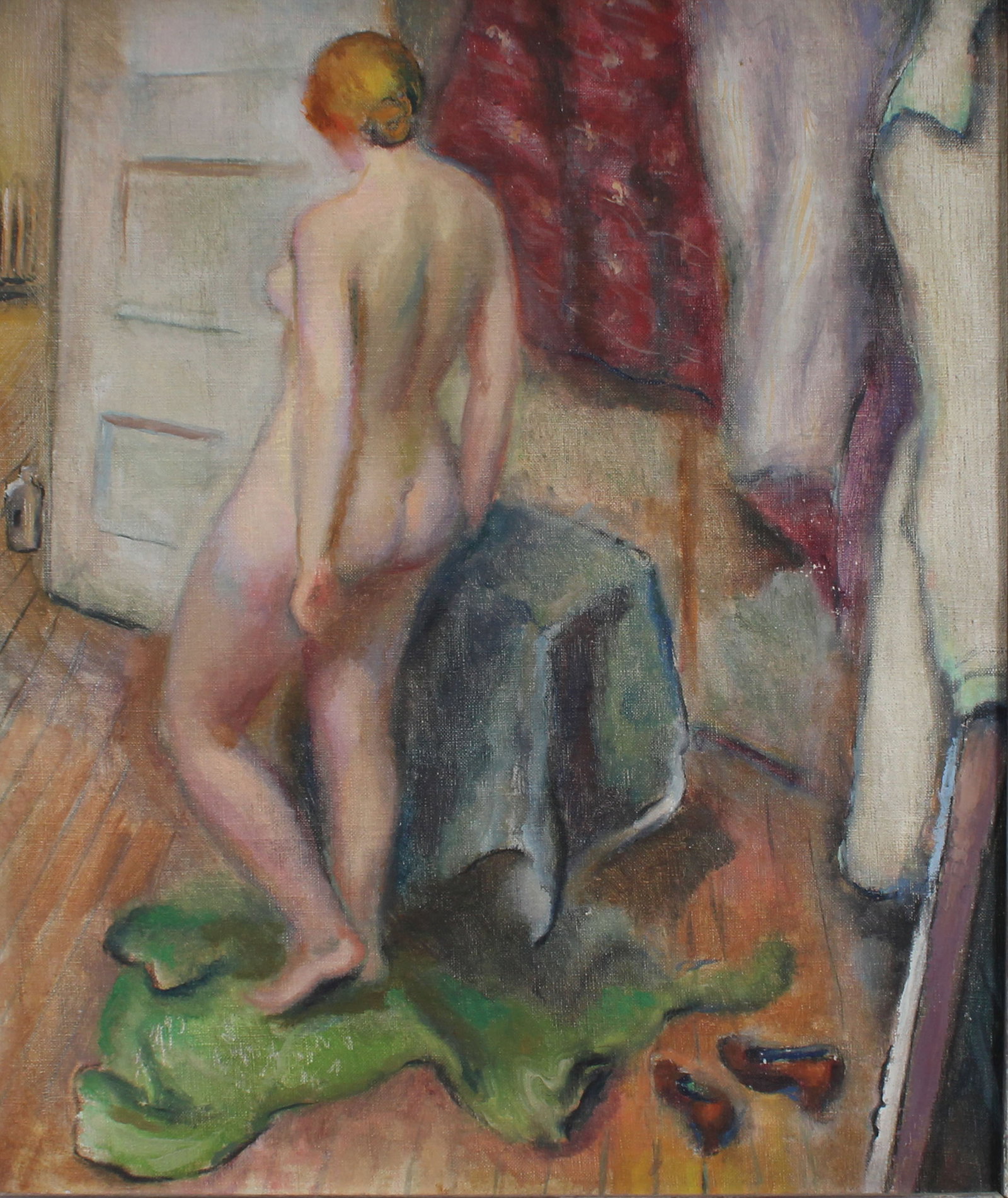 Allan D. Jones Vintage American Modernist Nude Woman Portrait Maine Art Exhibit Framed Oil Painting: Vintage American modern exhibited oil painting. Measuring: 27 by 23 inches overall. Domestic flat rate shipping with Fedex is set to $125 for this lot. Please see all images for condition (additional 