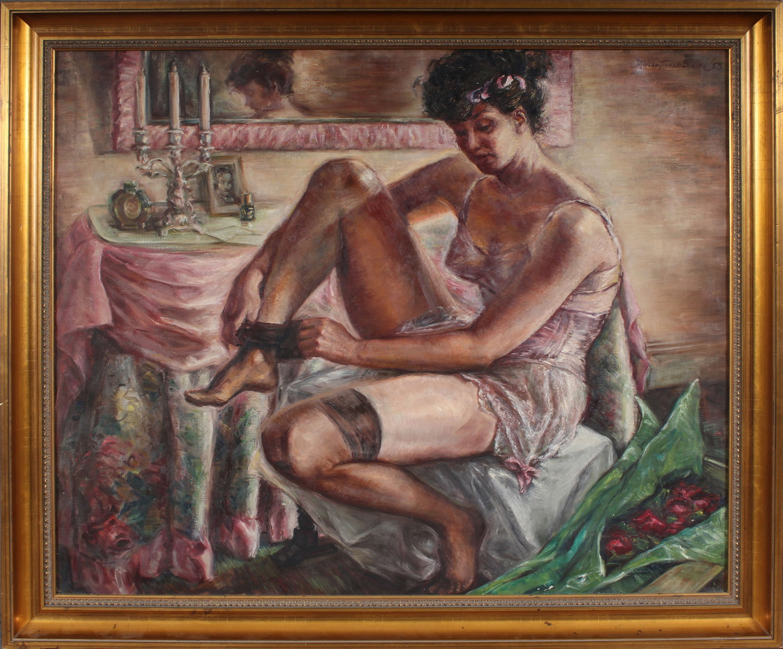 Miriam Tindall Smith Vintage American Modernist Nude Woman Interior Portrait Large Oil Painting: Vintage American modern oil painting. Measuring: 37 by 44 inches overall. Domestic shipping with art courier. Please see all images for condition (additional photos and blacklight images are available