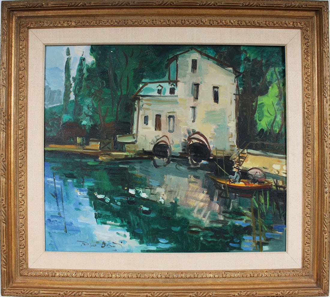 Roger Bertin 1915-2003 Signed Vintage French Country River Framed Modernist Oil Painting: Vintage French oil painting. Measuring: 33.5 by 38.5 inches overall. Domestic flat rate shipping with Fedex is set to $250 for this lot. Please see all images for condition (additional photos and blac