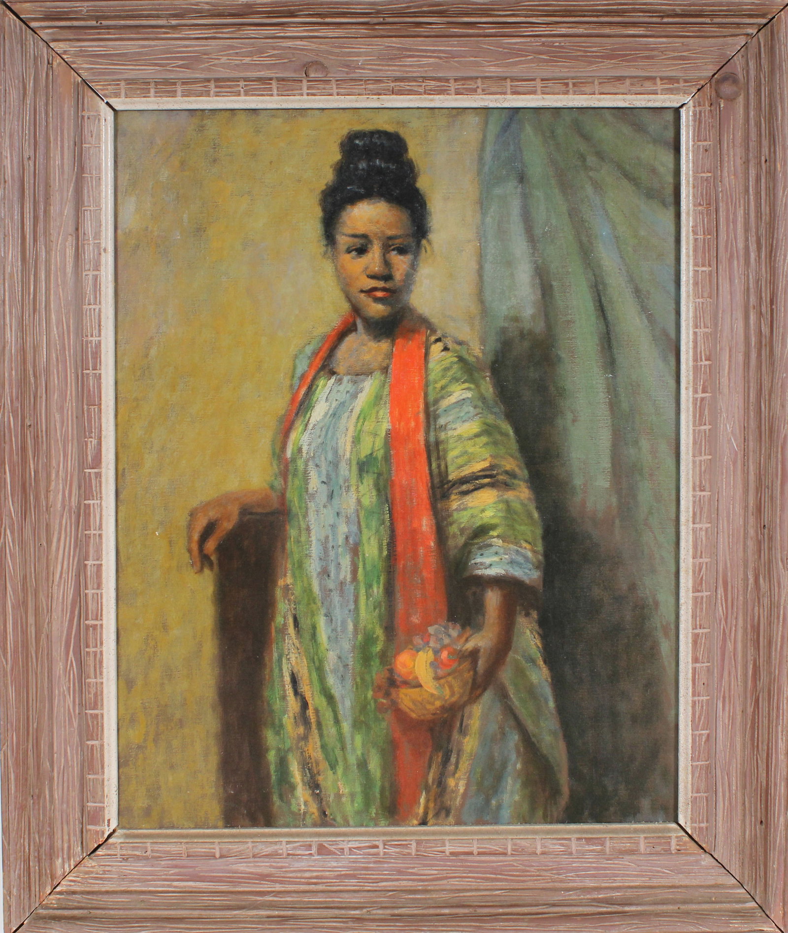 Antique American School Impressionist Woman Portrait Framed "Fruit Seller" Large Oil Painting: Vintage American oil painting. Measuring: 33.5 by 27.5 inches overall. Domestic flat rate shipping with Fedex is set to $225 for this lot. Please see all images for condition (additional photos and bl