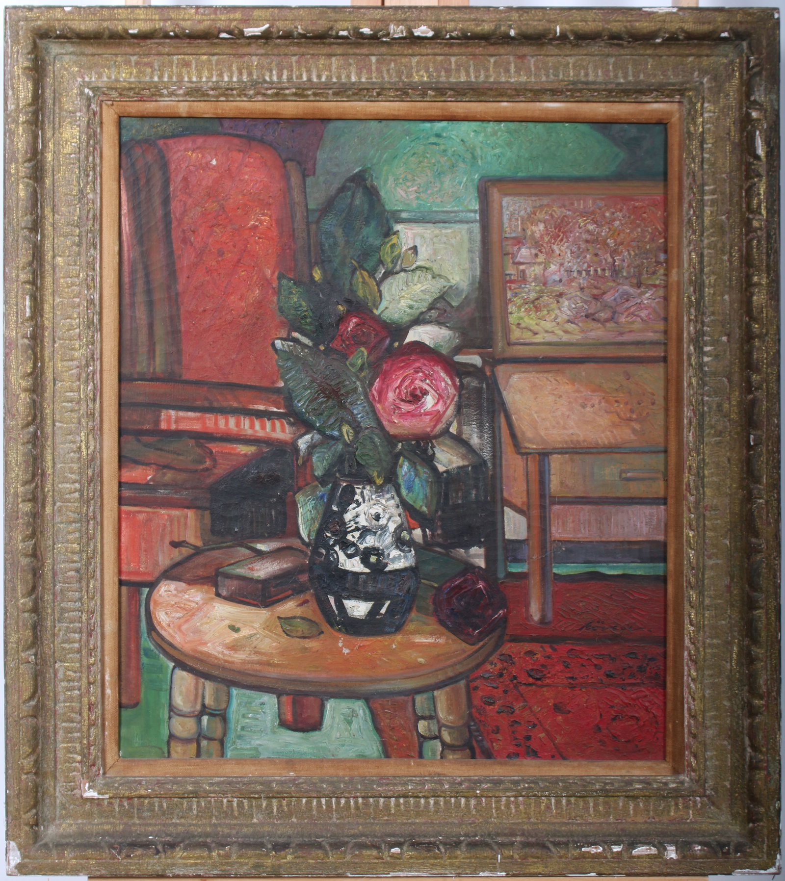 Large Vintage American School Modernist Interior Scene Framed Oil Painting: Vintage American modern oil painting. Measuring: 36.5 by 32.5 inches overall. Domestic flat rate shipping with Fedex is set to $275 for this lot. Please see all images for condition (additional photos