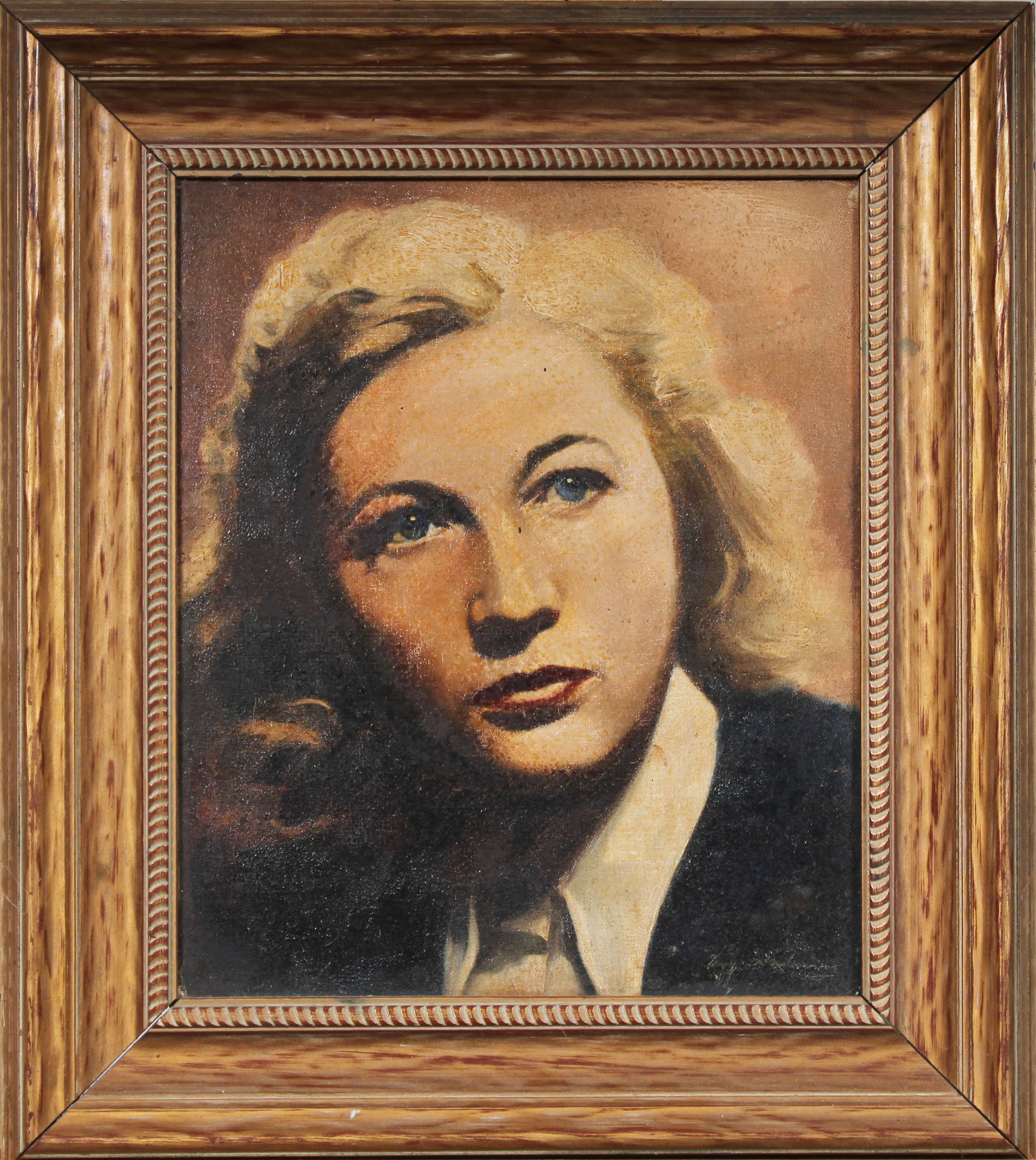 Vintage American Modernist Young Woman Framed Portrait Oil Painting: Vintage American oil painting. Measuring: 16.5 by 15.5 inches overall. Domestic flat rate shipping with Fedex is set to $75 for this lot. Please see all images for condition (additional photos and bla