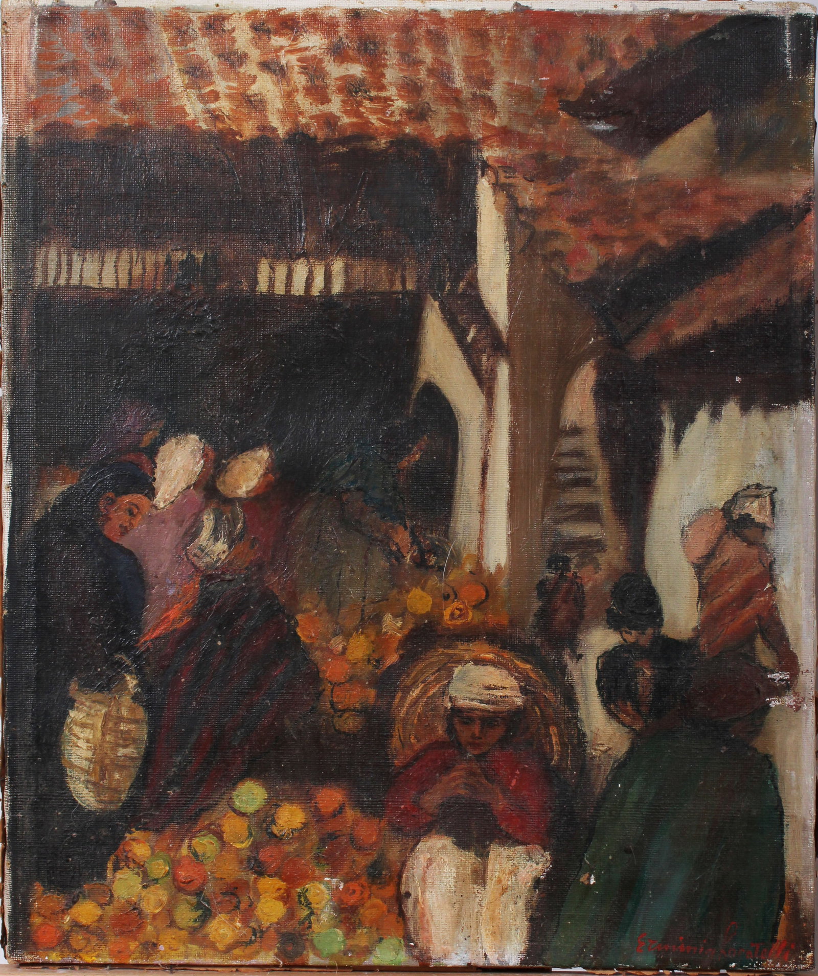 Vintage Orientalist Market Scene Signed Impressionist Oil Painting: Vintage Orientalist oil painting. Measuring: 18 by 15.5 inches overall. Domestic flat rate shipping with Fedex is set to $75 for this lot. Please see all images for condition (additional photos and bl