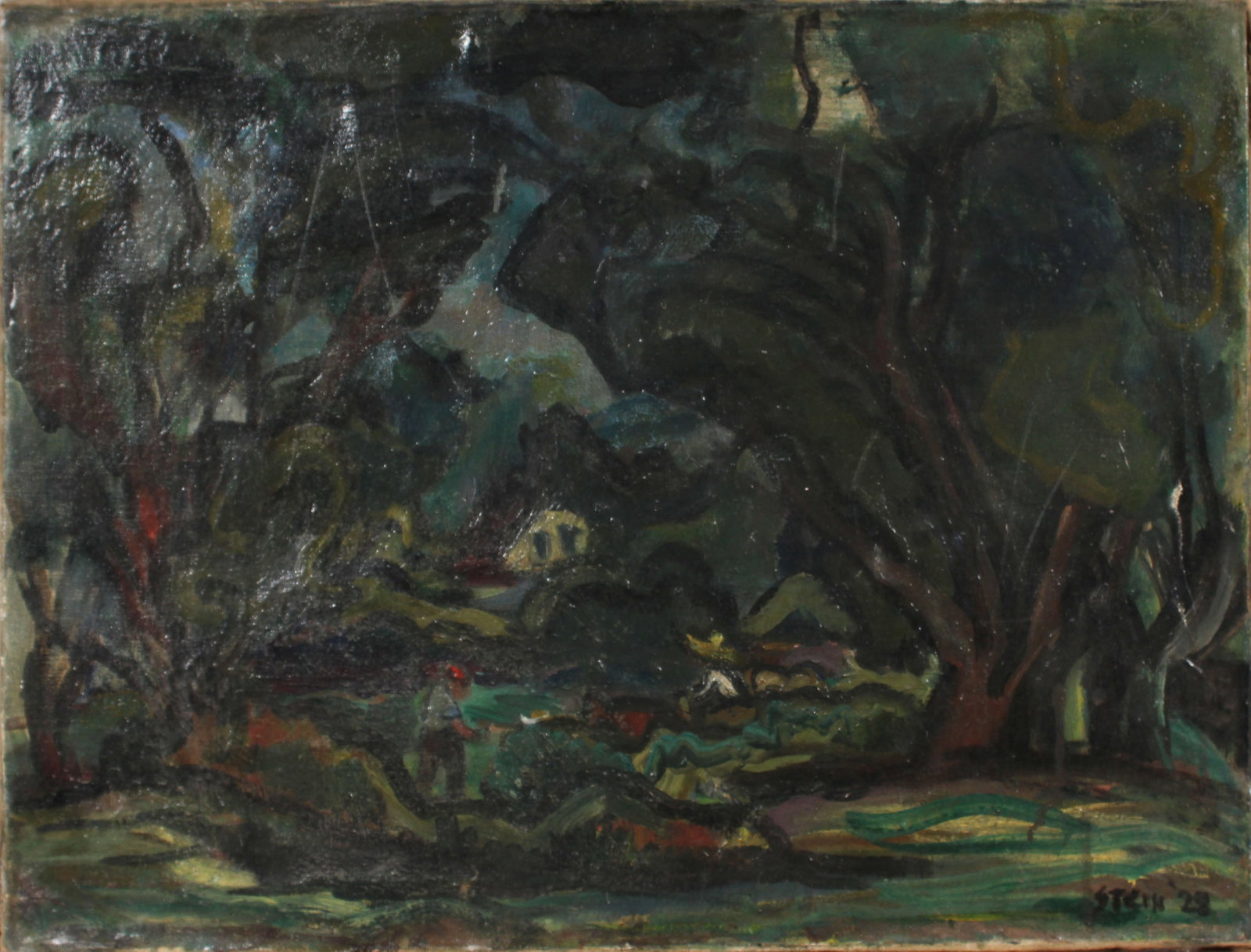 Vintage American School Modernist Landscape Signed Stein 28 Oil Painting: Vintage American oil painting. Measuring: 18 by 24 inches overall. Domestic flat rate shipping with Fedex is set to $100 for this lot. Please see all images for condition (additional photos and blackl