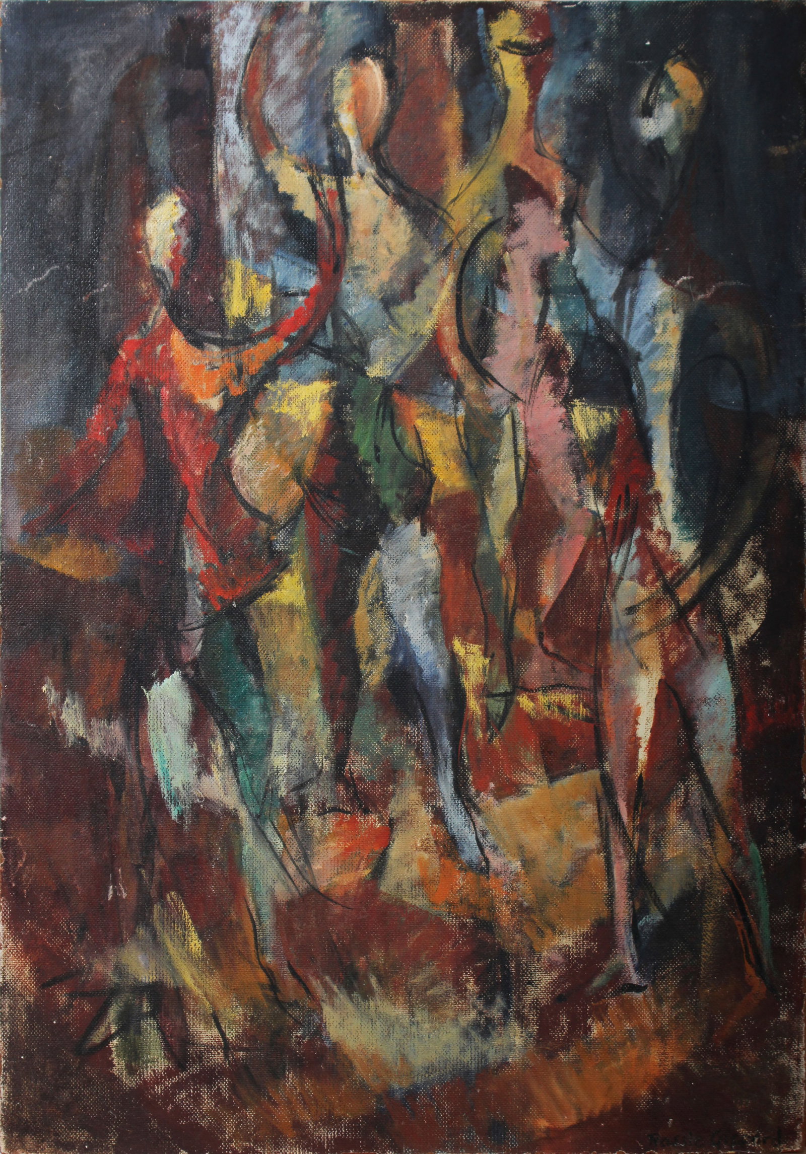 Rassi Gifford "Dancers" Large Vintage American Modernist Cubist Abstract Figural Oil Painting: Vintage American oil painting. Measuring: 32.5 by 24 inches overall. Domestic flat rate shipping with Fedex is set to $150 for this lot. Please see all images for condition (additional photos and blac