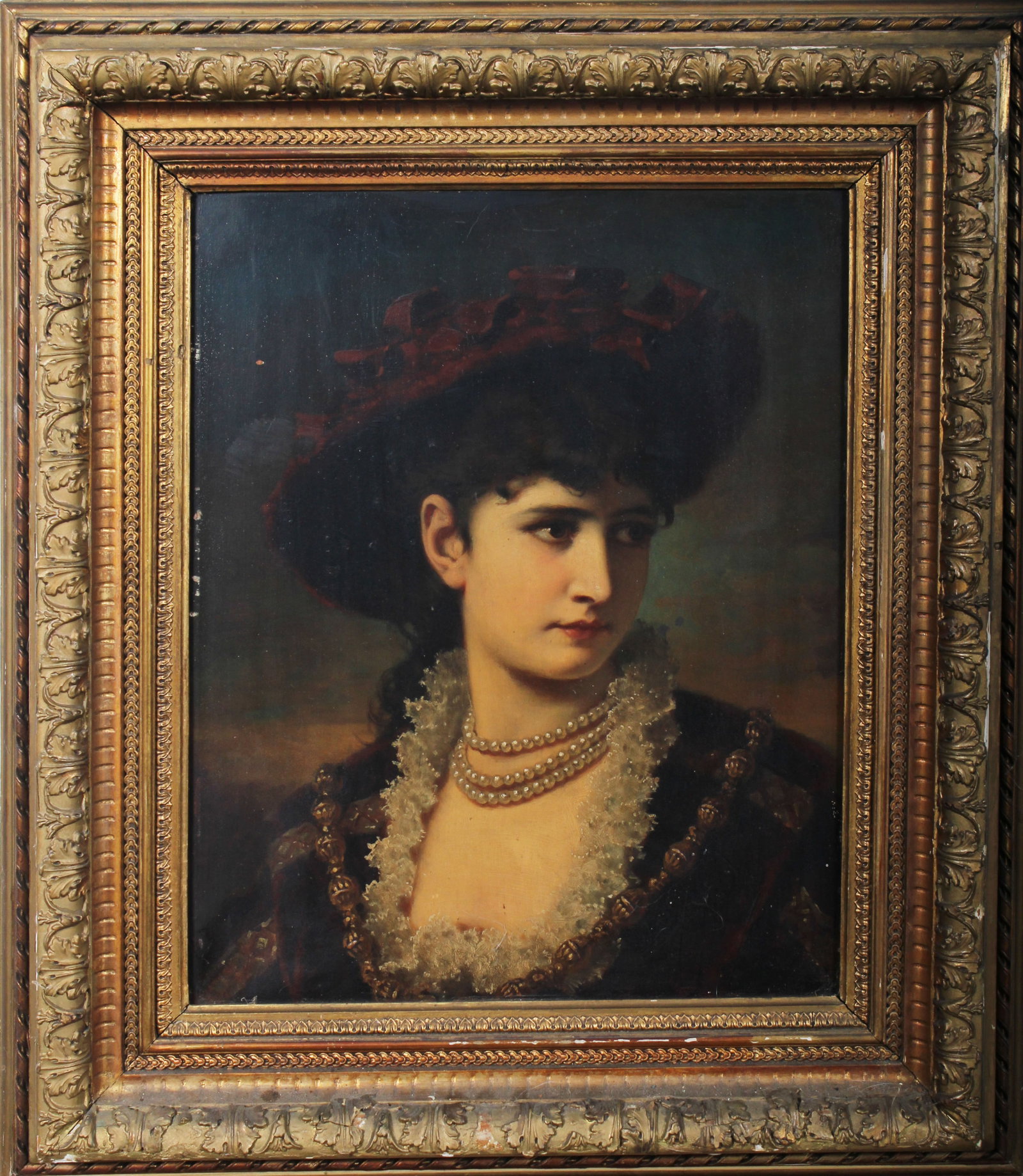 Antique Realist European Woman Portrait Giltwood Framed Oil Painting: European realist oil painting. Measuring: 30 by 25 inches overall. Domestic flat rate shipping with Fedex is set to $225 for this lot. Please see all images for condition (additional photos and blackl