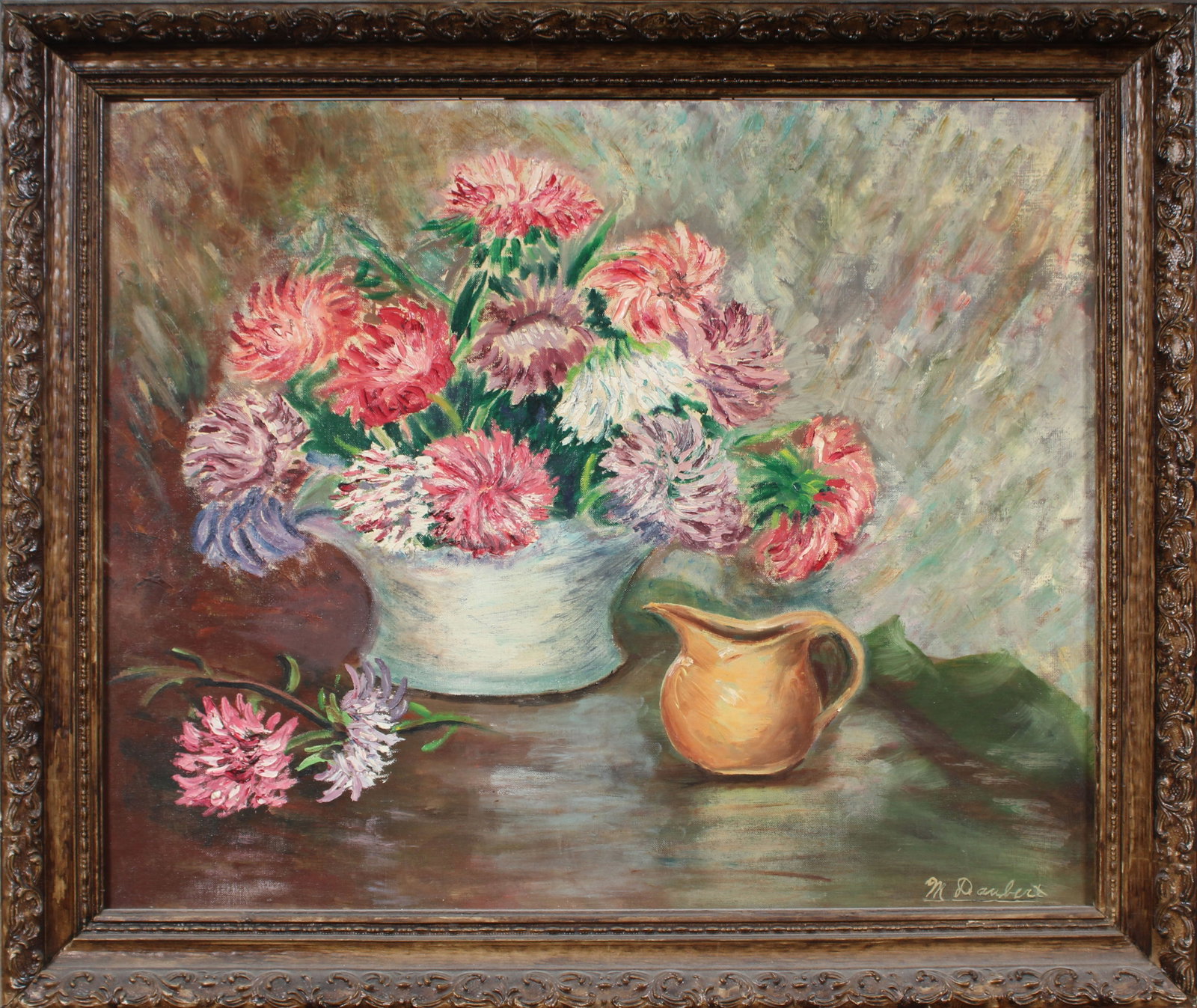 Vintage Signed American Modernist Flower Still Life Oil Painting: Vintage American oil painting. Measuring: 24 by 28 inches overall. Domestic flat rate shipping with Fedex is set to $115 for this lot. Please see all images for condition (additional photos and blackl