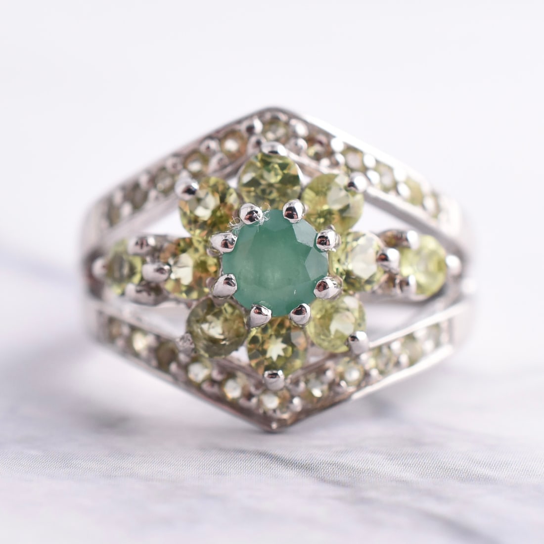 Natural Emerald & Peridot Floral Sterling Silver Ring (1 of 4)