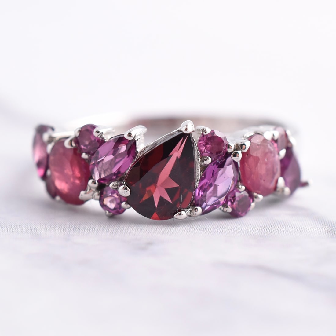 Natural Garnet & Ruby Sterling Silver Cluster Band Ring (1 of 3)