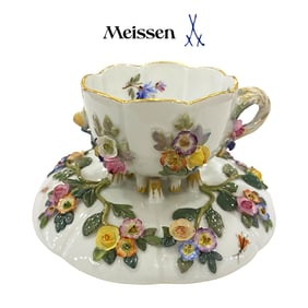 19th C. German Meissen Hand Painted Porcelain Cup & Saucer, Hallmarked