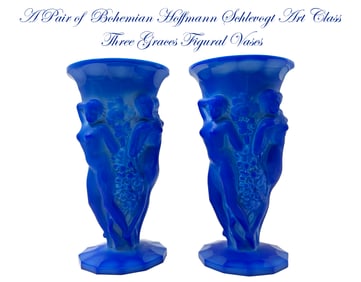 A Pair of Bohemian Three Graces Lapis Blue Art Glass Vases