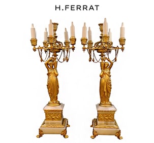 A Pair of 19th C. Empire Style Figural Bronze & Onyx Candelabras, H. FERRAT Signed