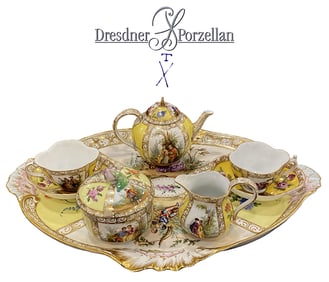 19th C. German Dresden Hand Painted Porcelain Tea Set, Hallmarked