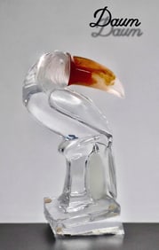 A French Daum Pate de Verre Art Glass Crystal Tocan Bird Figurine, Signed