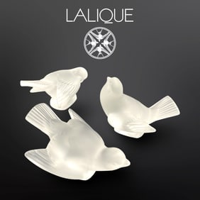 A Lot of 3 French Lalique Frosted Crystal Figural Paperweight Birds, Signed