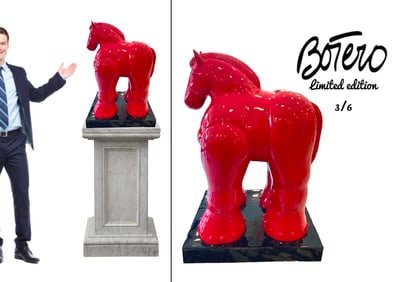 A Large Limited Edition Botero Bronze Red Trojan Horse Sculpture, Signed