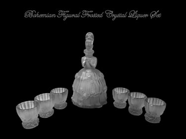 A Vintage Bohemian Figural Satin Frosted Glass Crystal Liquor Set, 7 Pcs