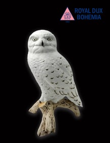 A Large Bohemian Royal Dux Hand Painted Porcelain Snowy Owl Sculpture, Signed