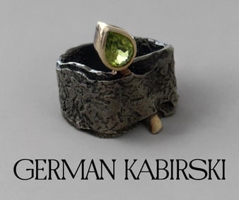 A German Kabirski Ammal Silver Natural Peridot Black Rhodium 18k Gold Plated Ring