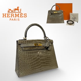 A ?Hermes Horseshoe Stamp (HHS) Gris Tourterelle Verso Shiny Alligator Sellier Kelly Bag