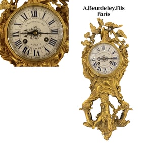 19th C. French Louis XV Figural Gilt Bronze Wall Clock, Hallmarked