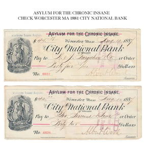 A SET OF TWO 19TH C. CITY NATIONAL BANK ASYLUMS CHECKS
