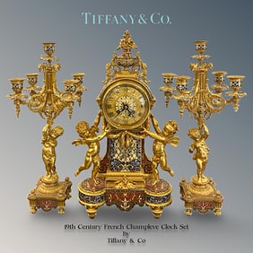 19th C. French Tiffany & Co. Champleve Enamel Bronze Clock Set, Hallmarked
