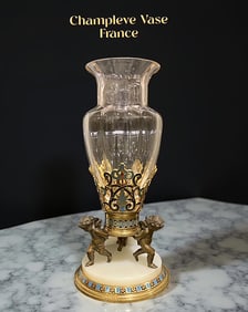 19th C. French Champleve Enamel Figural Bronze & Crystal Vase