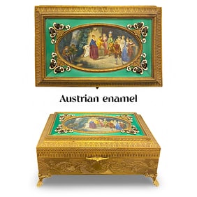19th C. Austrian Viennese Hand Painted Enamel Bronze Jewelry Box