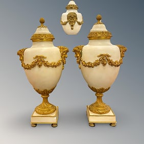 A Pair of 19th C. Figural Bronze Marble Mounted Urns